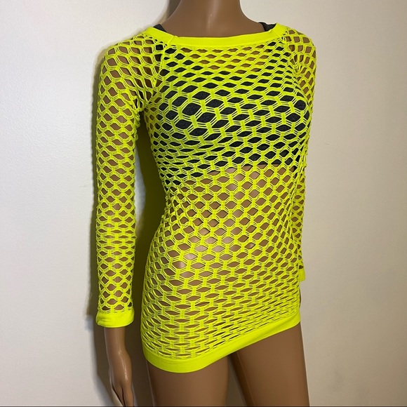 Elastic Nylon Spandex Long Sleeve Fishnet Layer Blouse Top - Picture 3 of 13